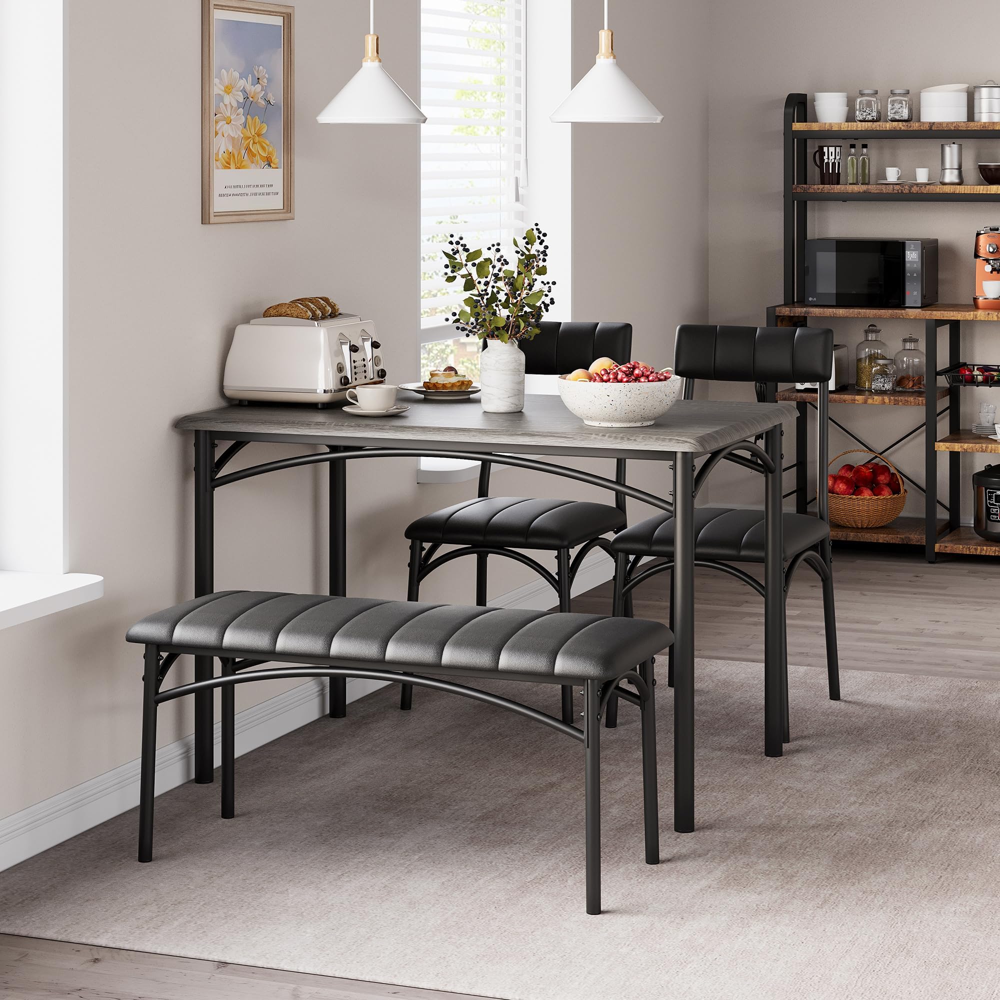 CuteHairy Dining Table Set for 4 – Wooden Table with Upholstered Bench & 2 Chairs, Compact Dining Table Set for Apartments