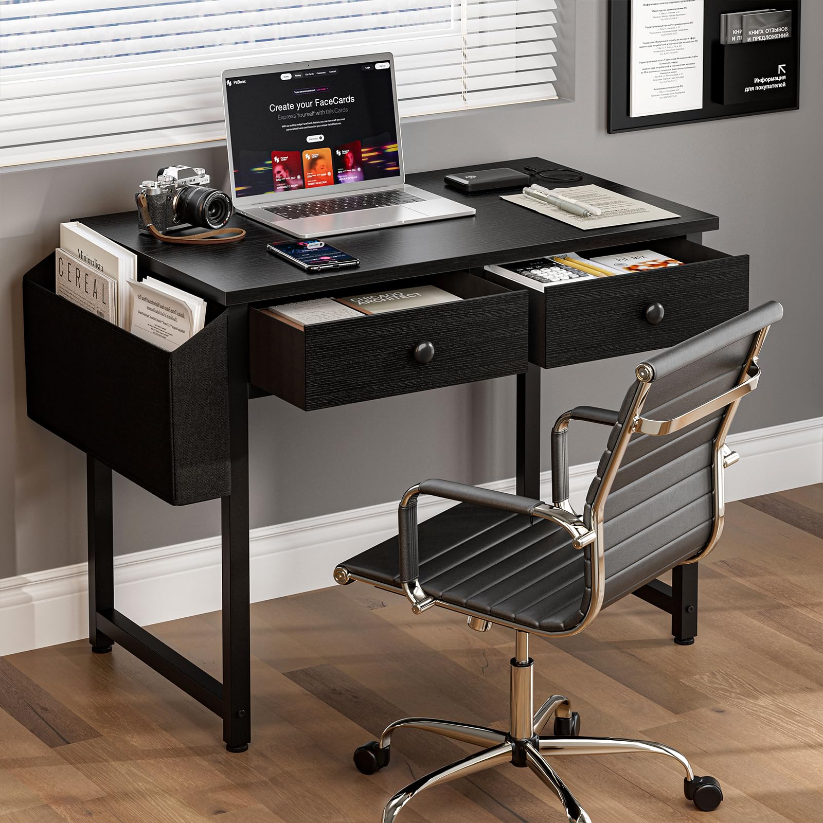 Grandder Small Computer Desk with 2 Fabric Drawers, 80 x 40 cm Home Office Desk with Storage Bags and Drawers