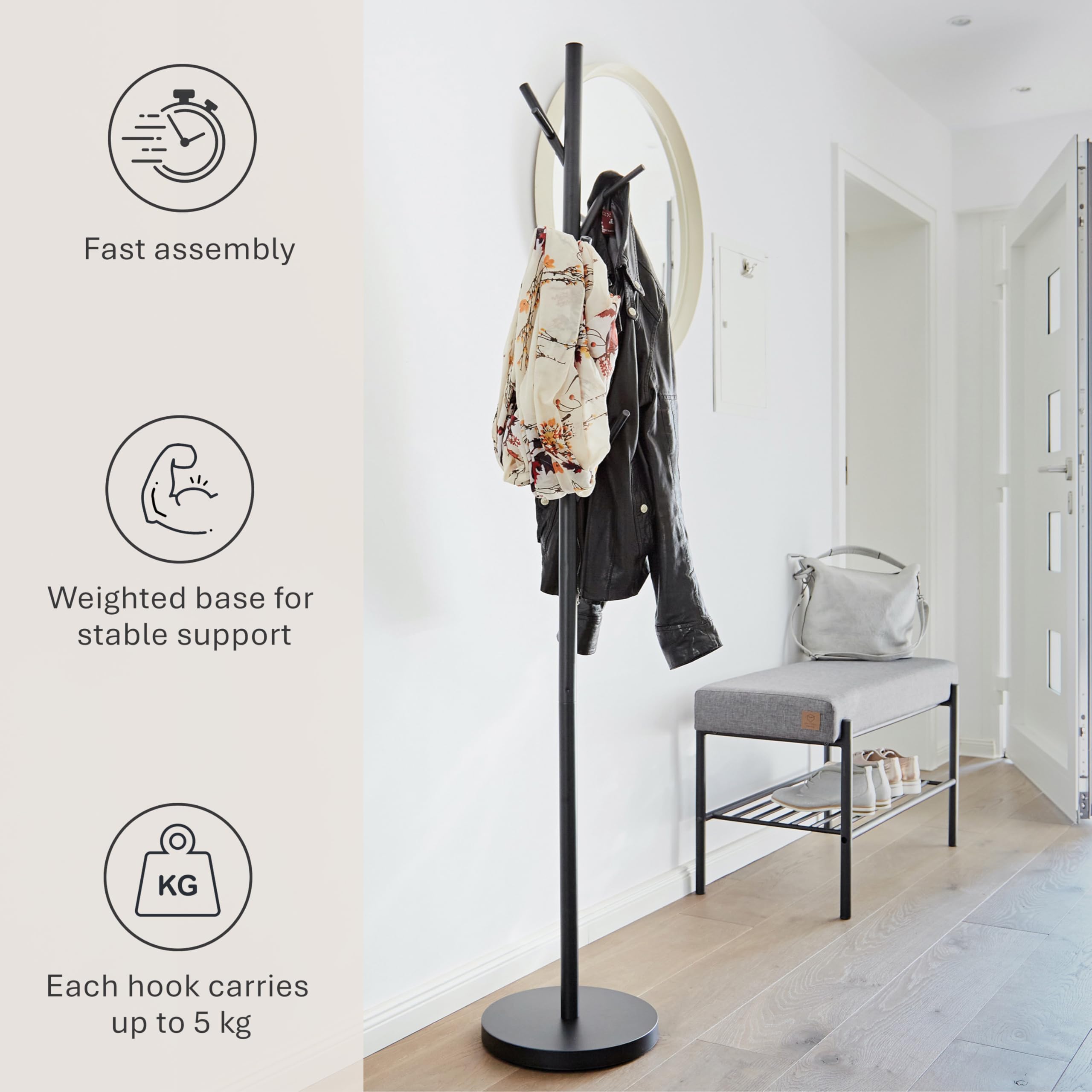 LOVE IT STORE IT Loft Metal Coat Stand - Modern Jacket Stand for Hallway, Bedroom, Office - 170 cm High Stable - Matt Black