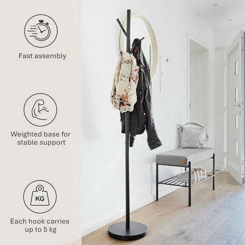 LOVE IT STORE IT Loft Metal Coat Stand - Modern Jacket Stand for Hallway, Bedroom, Office - 170 cm High Stable - Matt Black