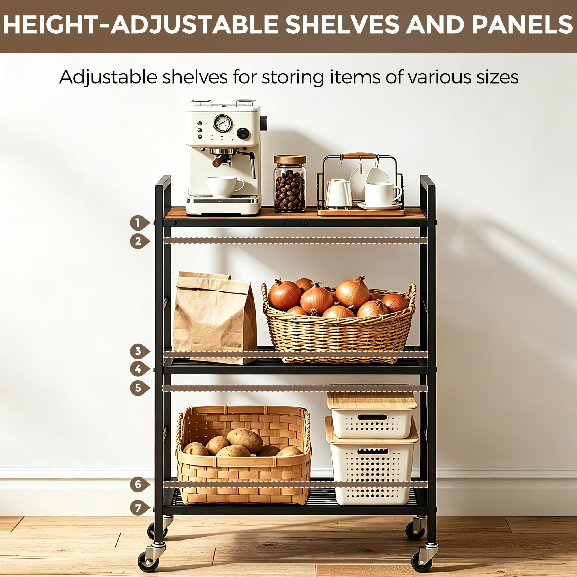 3-Tier kitchen trolley,Brown Wood Top,60W×30Dcm,4 Hooks, Adjustable Shelves