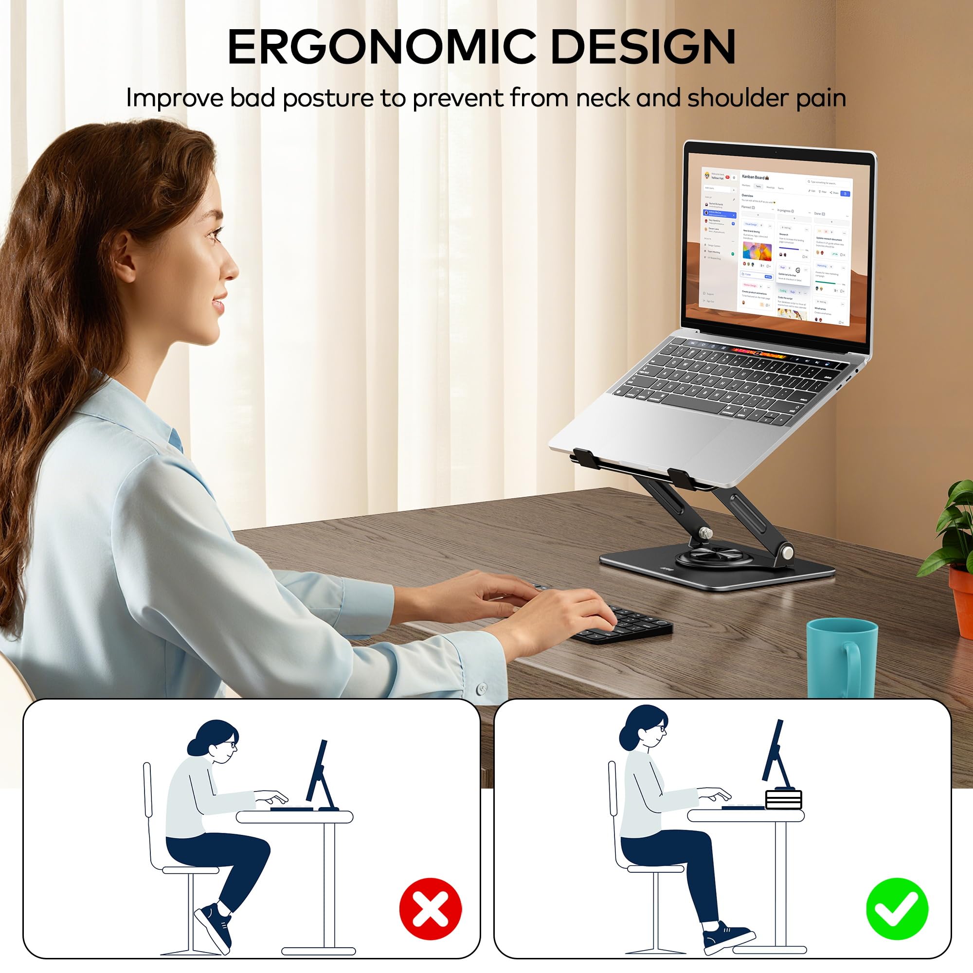 Auvo ALS03 Laptop Stand, Adjustable Computer Stand with 360° Rotating Base, Ergonomic Laptop Riser for Desk, Fits 11-14 inch Laptops, Black