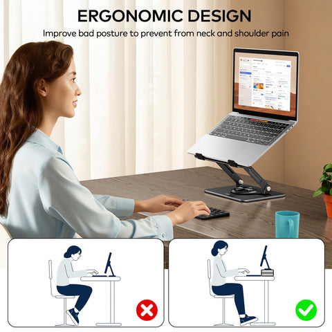 Auvo ALS03 Laptop Stand, Adjustable Computer Stand with 360° Rotating Base, Ergonomic Laptop Riser for Desk, Fits 11-14 inch Laptops, Black
