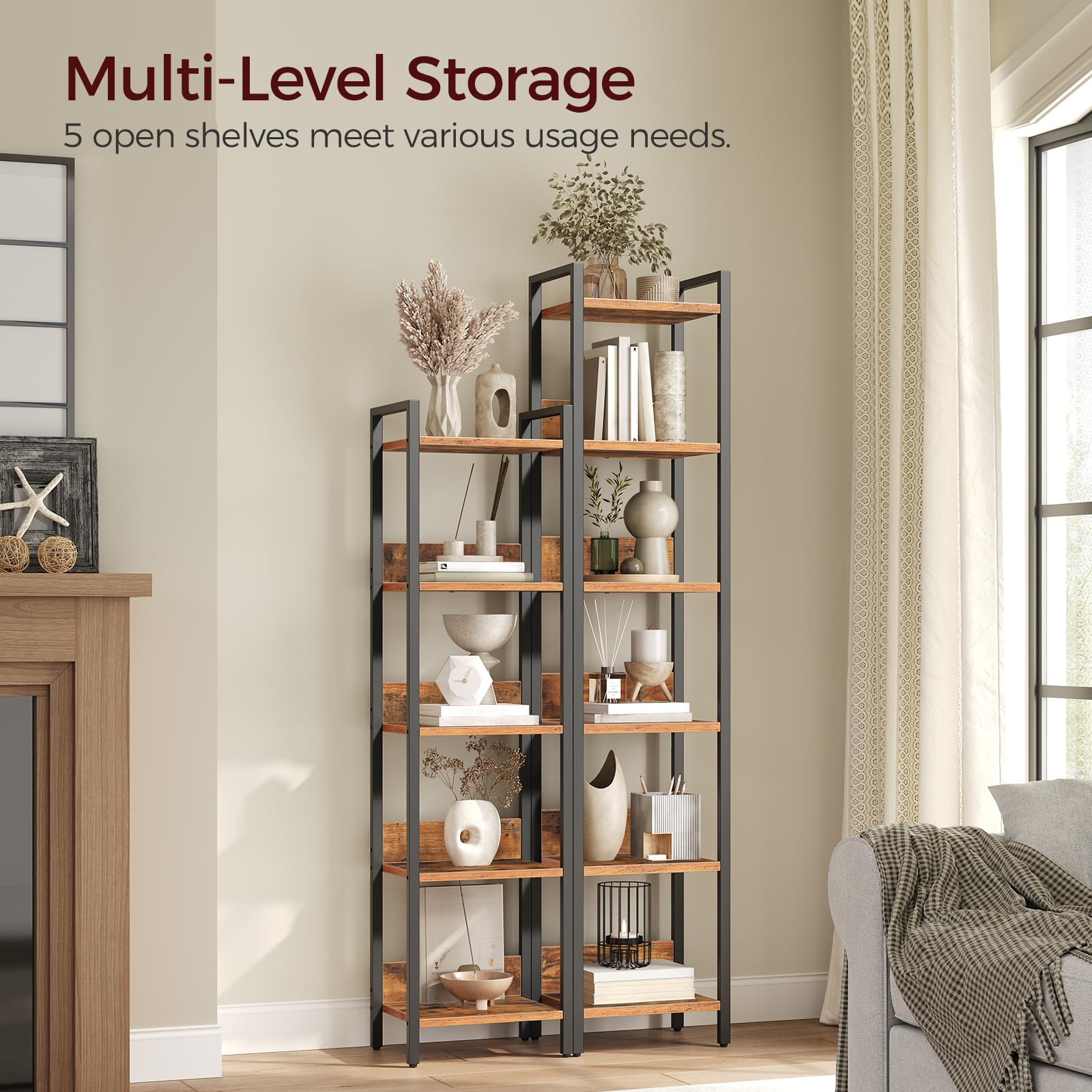 MAHANCRIS Bookshelf, 5-Tier Bookcase, Standing Book Shelf for Small Space, Storage Shelf Organizer, for Living Room, Bedroom, Study, Balcony