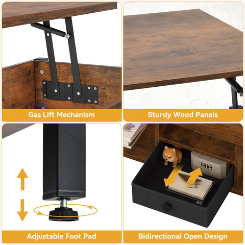 DWVO Lift Top Coffee Table, Converts to Dining Table, Features Drawers & Hidden Storage, Multi-Functional Coffee Table Living Room, Rustic Brown