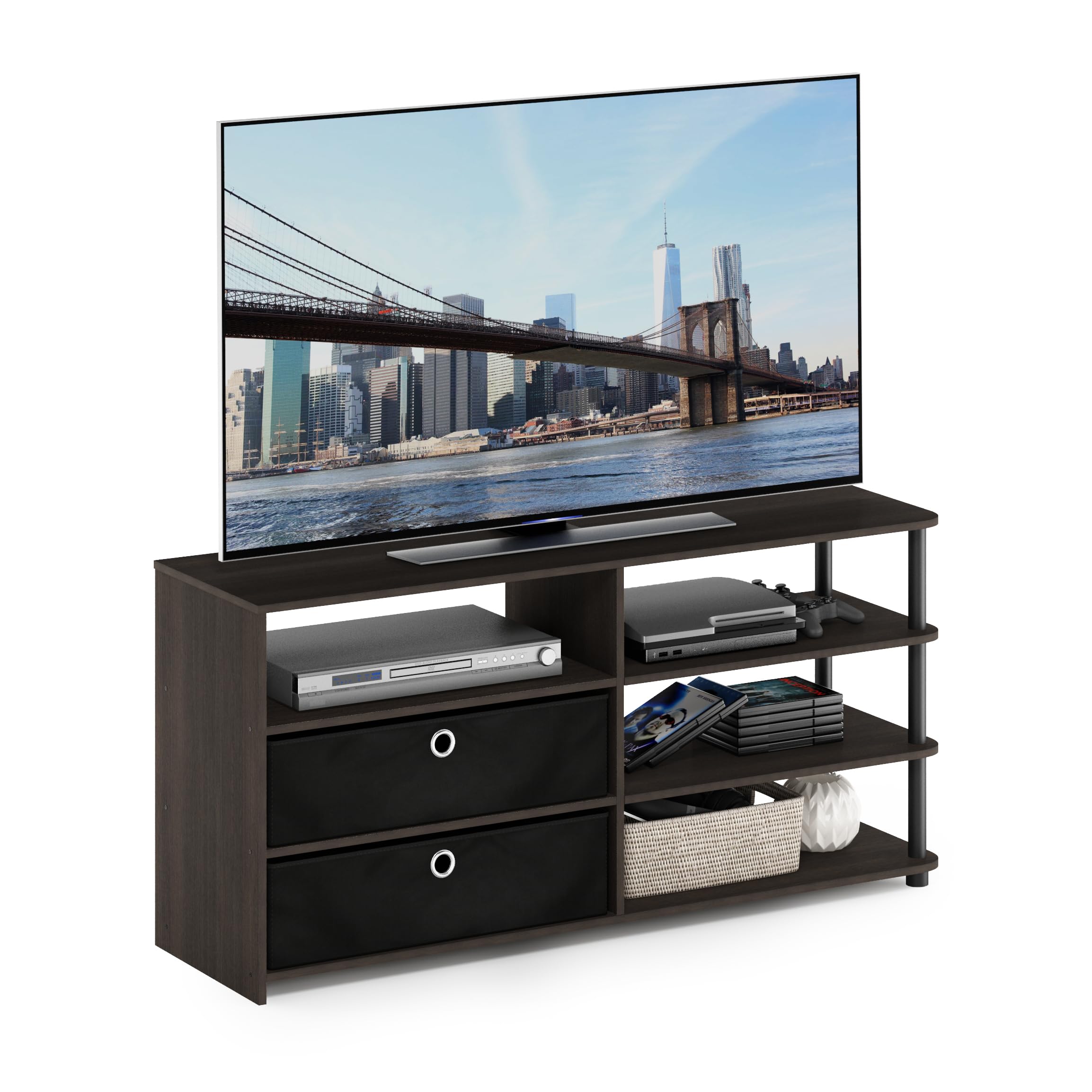 Furinno Jaya TV Stand for TV up to 55-Inch with Storage Bins & Cable Management Hole, 4-Tier Black Entertainment Center, TV Console, for Living Room