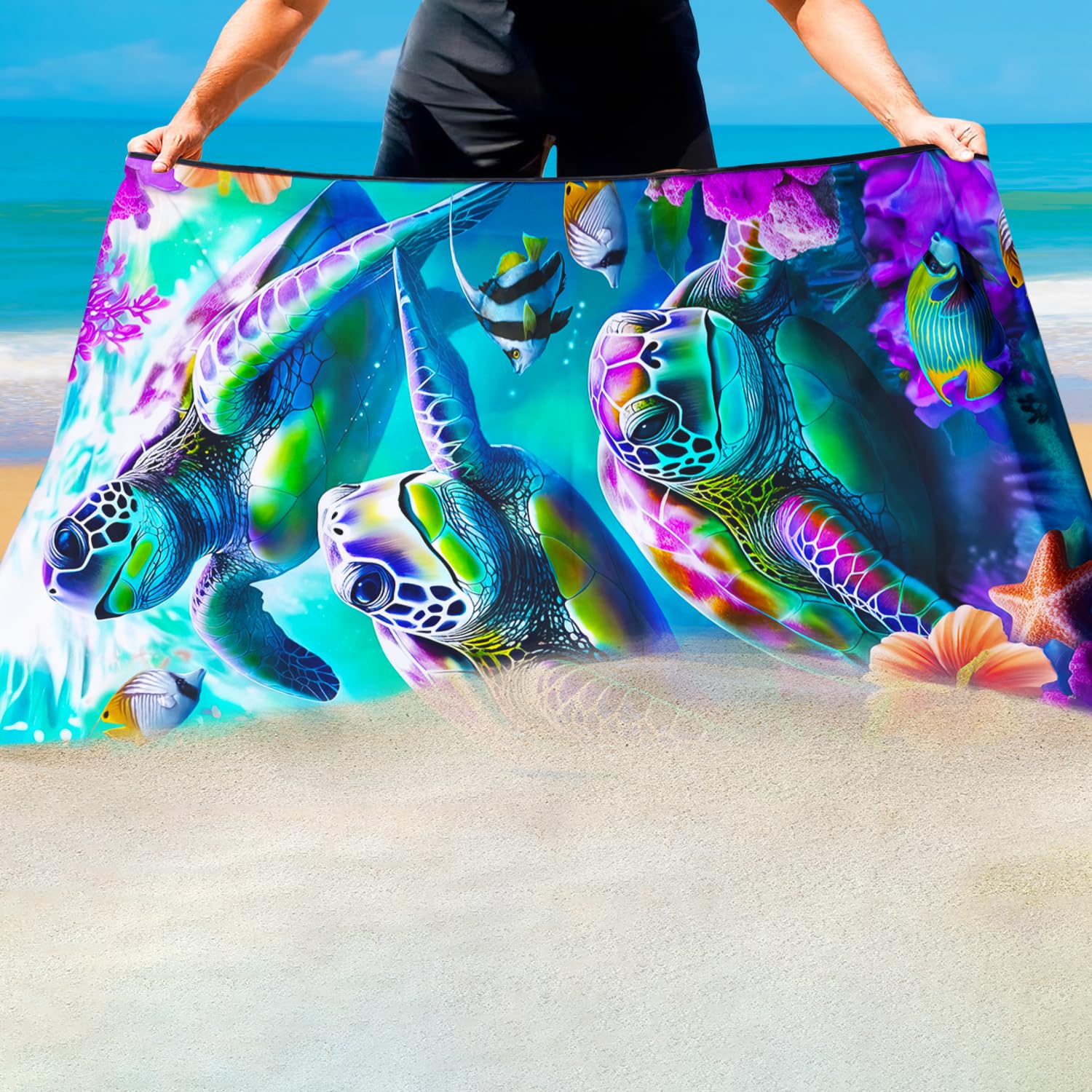 Violetpos Coral Reef Sea Turtle Group Beach Towel, Extra Large 180x90 cm 250GSM Microfibre, Sand Free Quick Dry