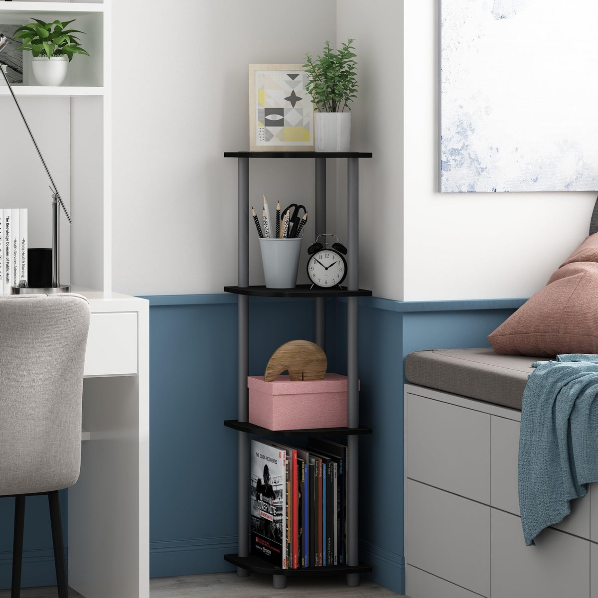 Furinno TURN-N-TUBE Corner Shelf, 4-Tier Corner Bookshelf, Display Storage Shelves with Open Shelves, for Organization and Storage, Living Room