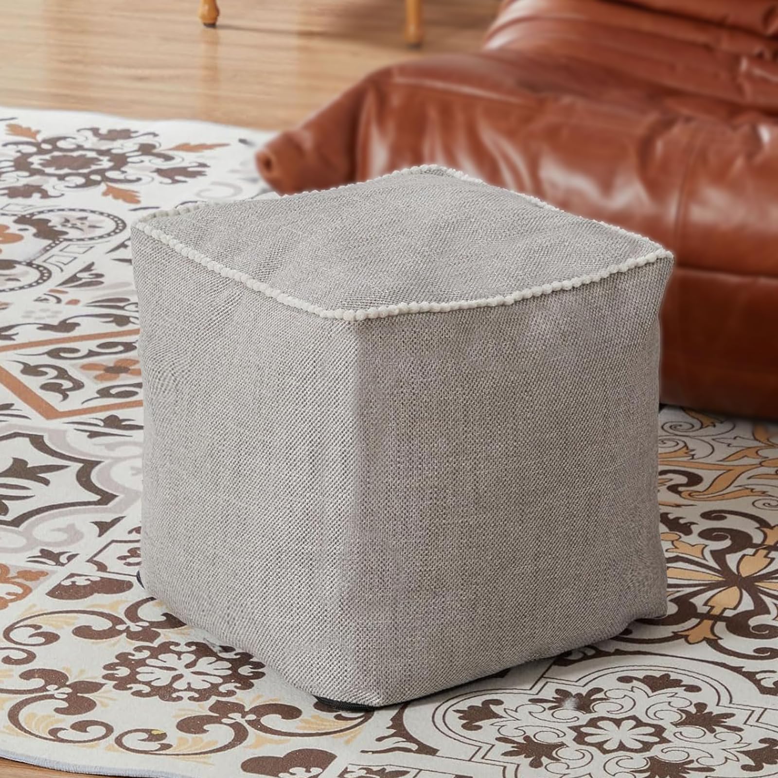 Louis Donné UNSTUFFED 15 Inch Square Ottoman Pouf Cover Soft Handwoven, Removable Washable Foot Rest Footstool for Bedroom Living Room NOLY COVER