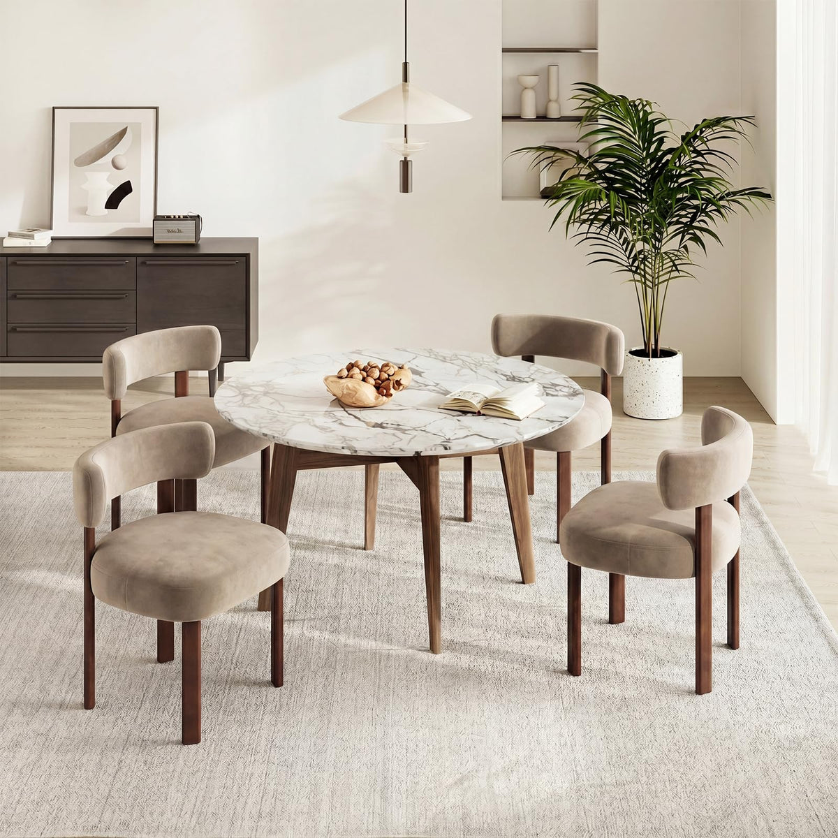 COLAMY Wooden Dining Chairs Set of 4, Velvet Fabric Chairs for Dining Room with Open Curved Backrest and Thick Seat Cushion