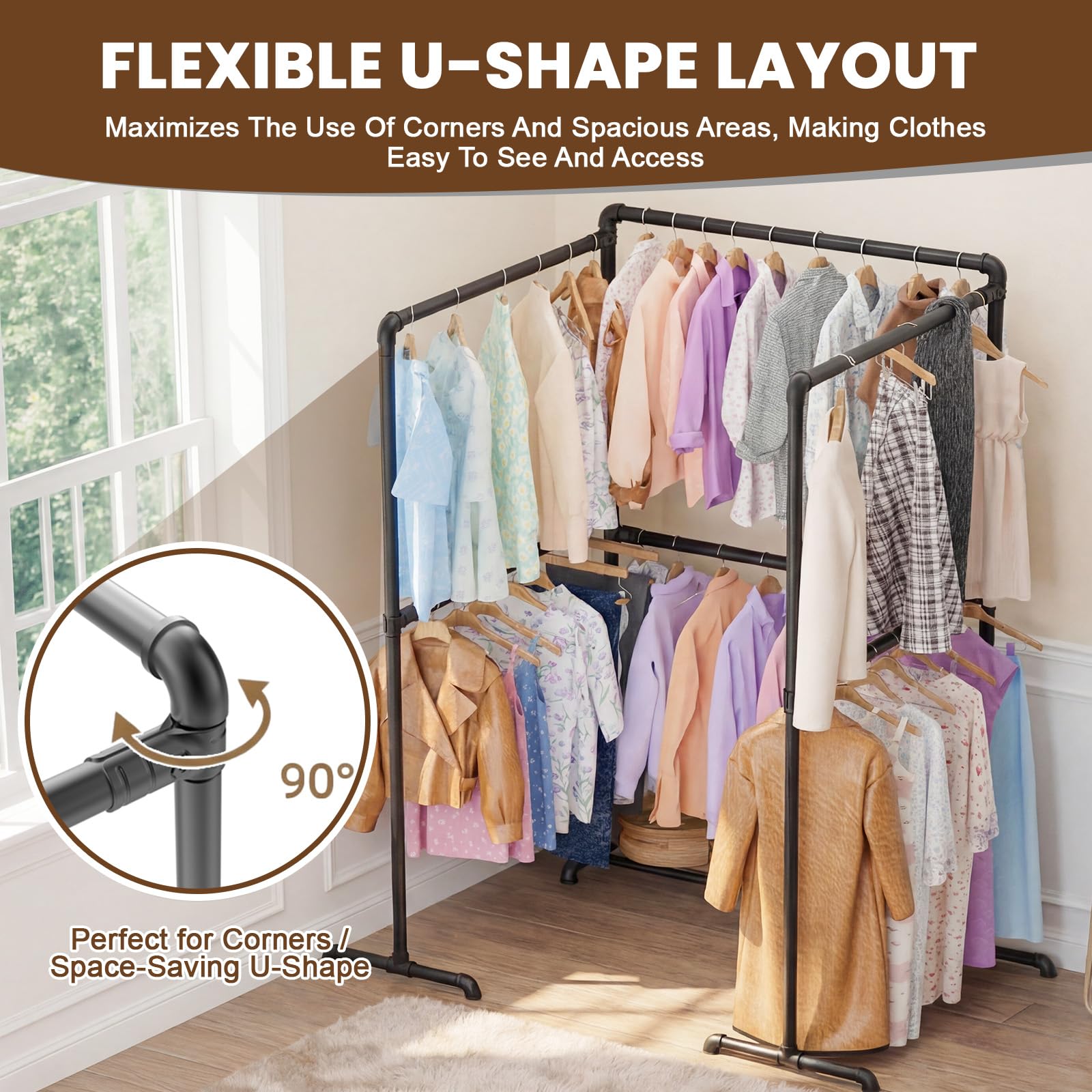 OPPAIYA Heavy Duty Clothes Rail, Up to 294cm Extra Large Clothes Rail for Bedroom, 6 Rails Flexible L/U-Shaped Open Wardrobe