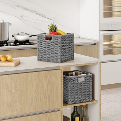 Vagusicc Wicker Storage Basket, Foldable Storage Cubes Organizer Bins, Handwoven Storage Baskets for Shelves Closet Wardrobe Bathroom