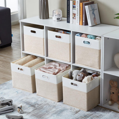 SOCOHOME Fabric Cube Storage Boxes,30x30x30cm Foldable Storage Baskets for Shelf Nursery Closet(Light beige/White, Set of 4)