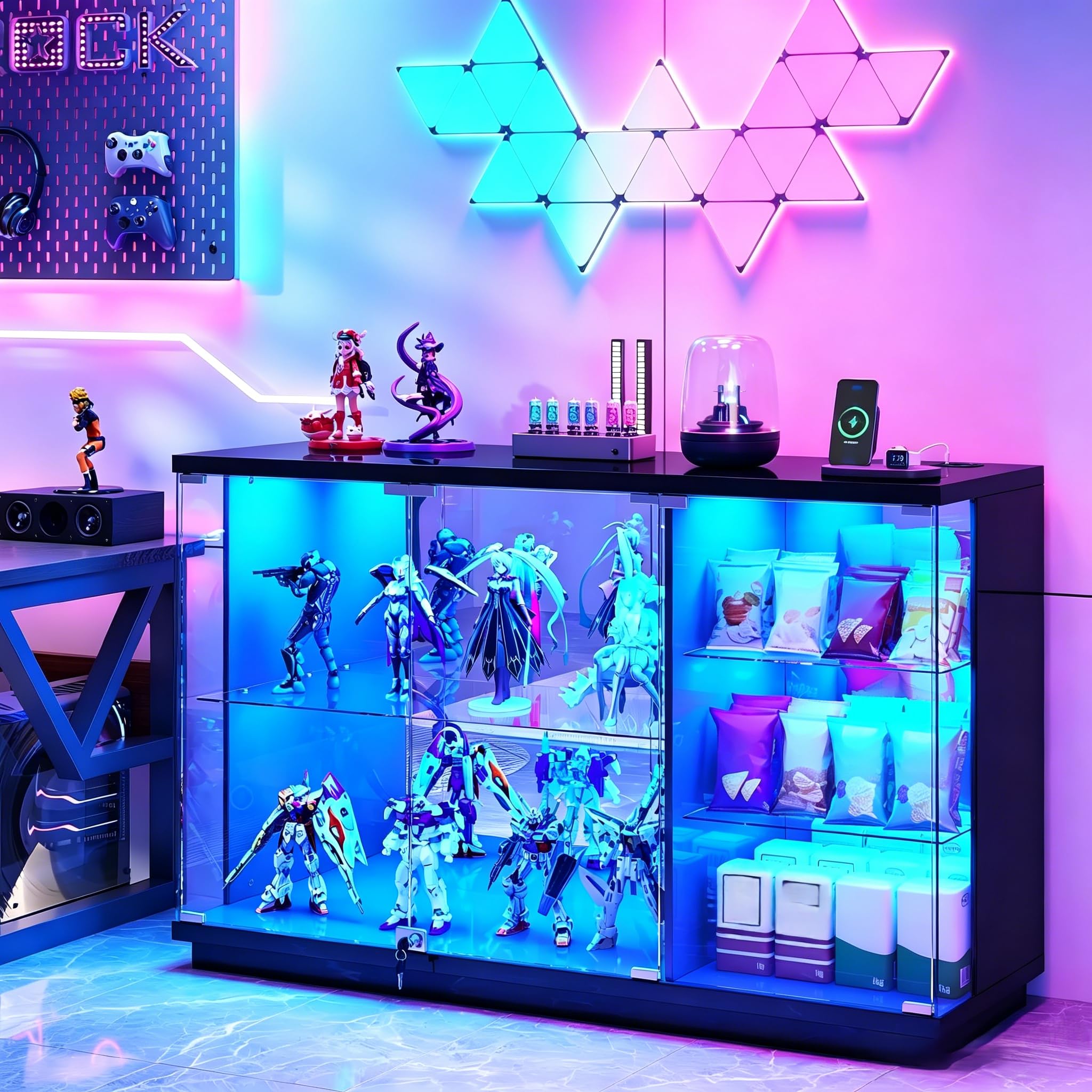 High Gloss Glass Display Cabinets with 3 Color Lights for Collectible Black