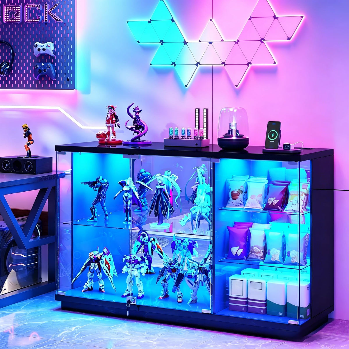 High Gloss Glass Display Cabinets with 3 Color Lights for Collectible Black