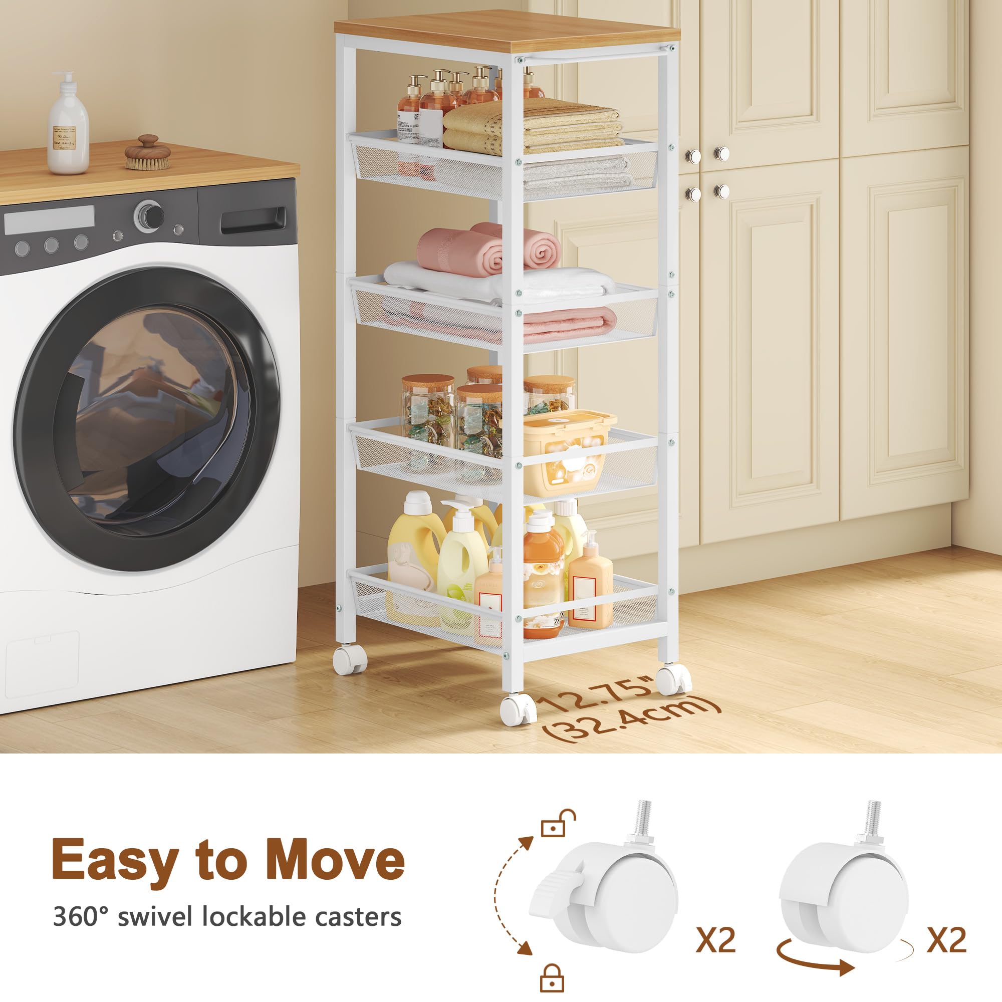 Hoctieon Slim Rolling Storage Cart, 5-Tier Narrow Kitchen Storage Cart with Handle & Wheels, Mobile Shelving Unit, Wooden Top & Metal Frame