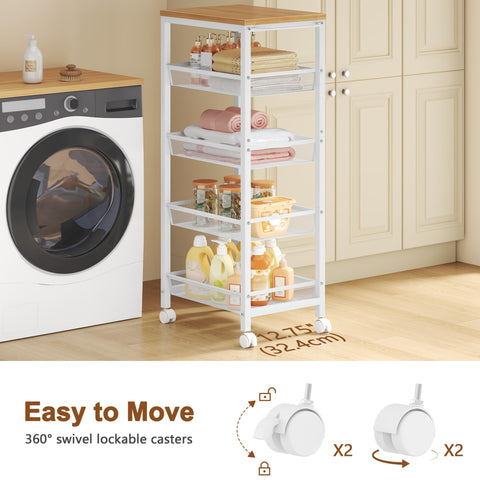 Hoctieon Slim Rolling Storage Cart, 5-Tier Narrow Kitchen Storage Cart with Handle & Wheels, Mobile Shelving Unit, Wooden Top & Metal Frame