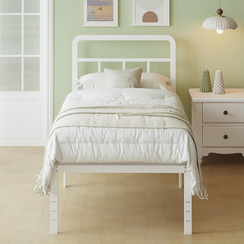 Lutown-Teen Metal Small Single Bed Frame with Headboard, 46 cm High, White