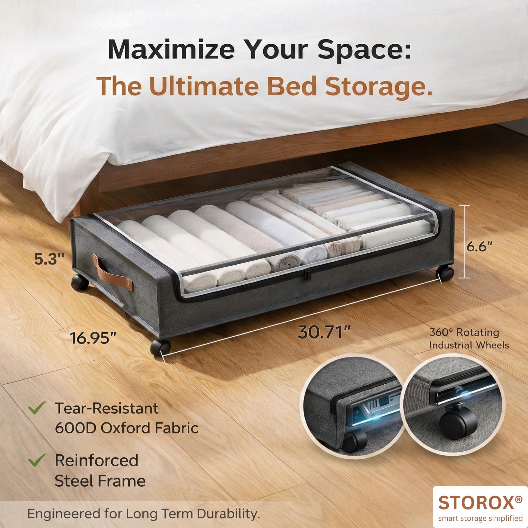 STOROX Under Bed Storage Box with Wheels, 2 Pack, Grey Fabric Rolling Storage with Clear Window, Zippered Underbed Storage for Clothes