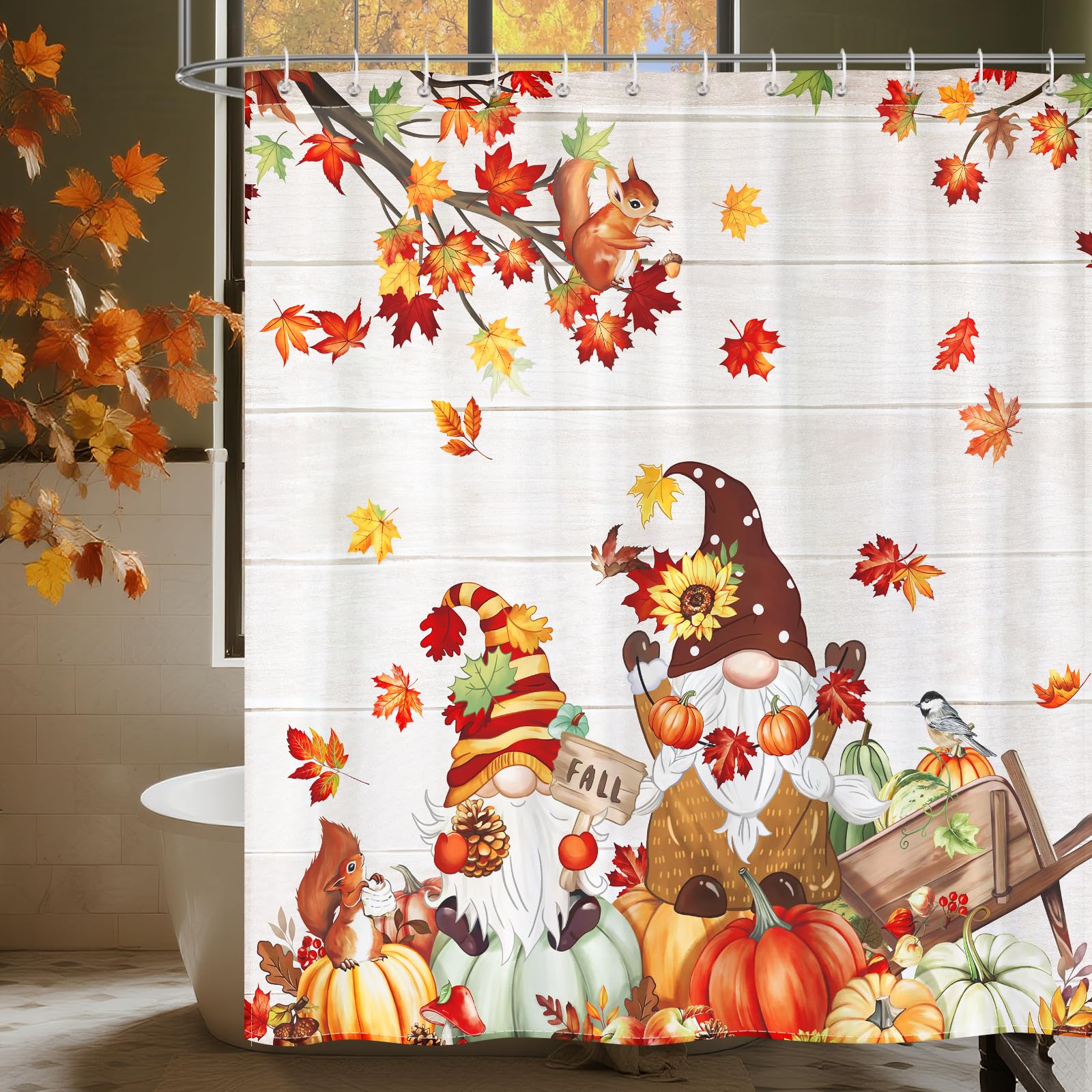 Arquiel Fall Pumpkin Gnome Shower Curtain Sets, Waterproof Polyester Fabric Shower Curtains With 12 Hooks for Bathroom Home Decoration