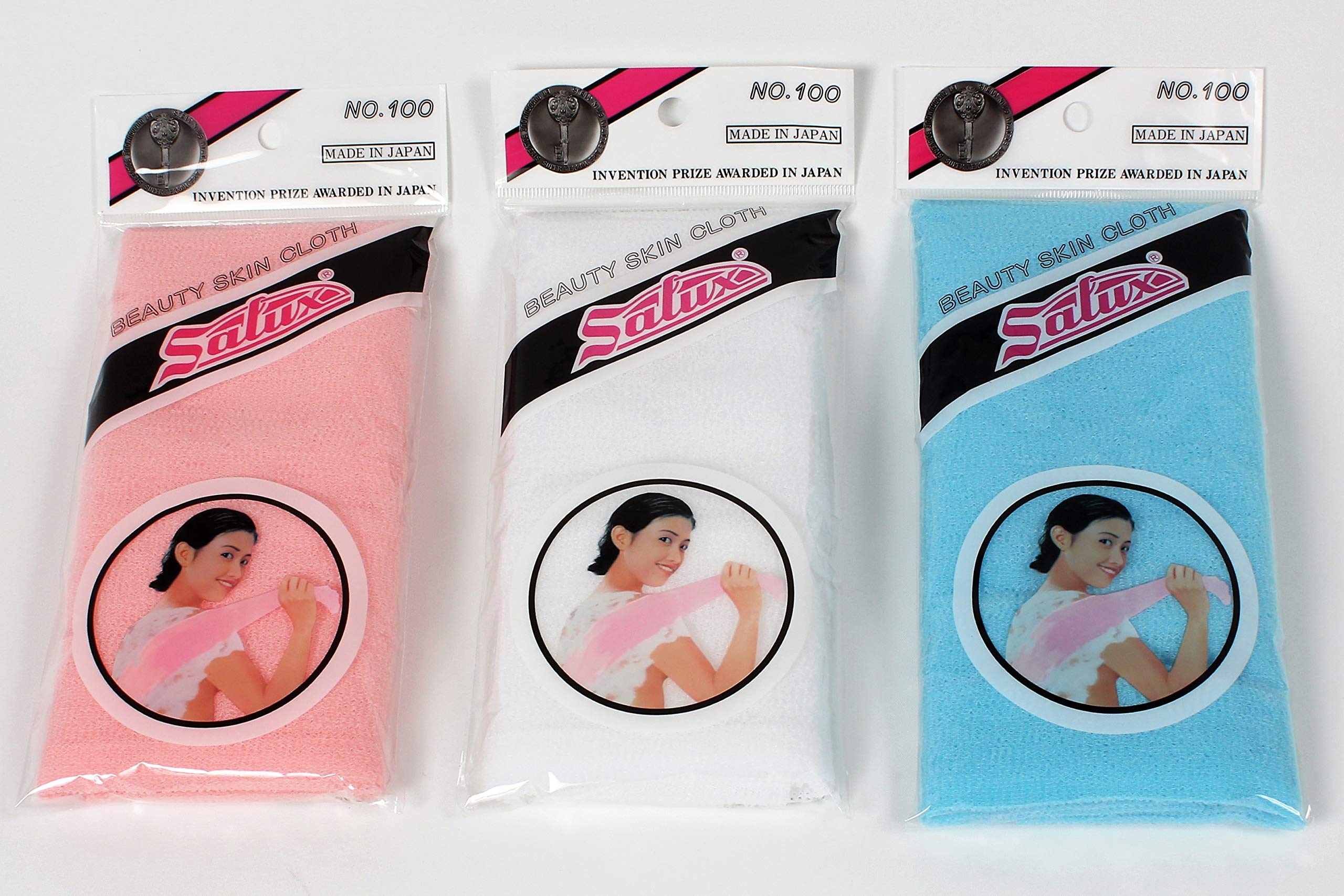 Salux Nylon Japanese Beauty Skin Bath Wash Cloth/towel 3 pcs mix PEACH WHITE BLUE