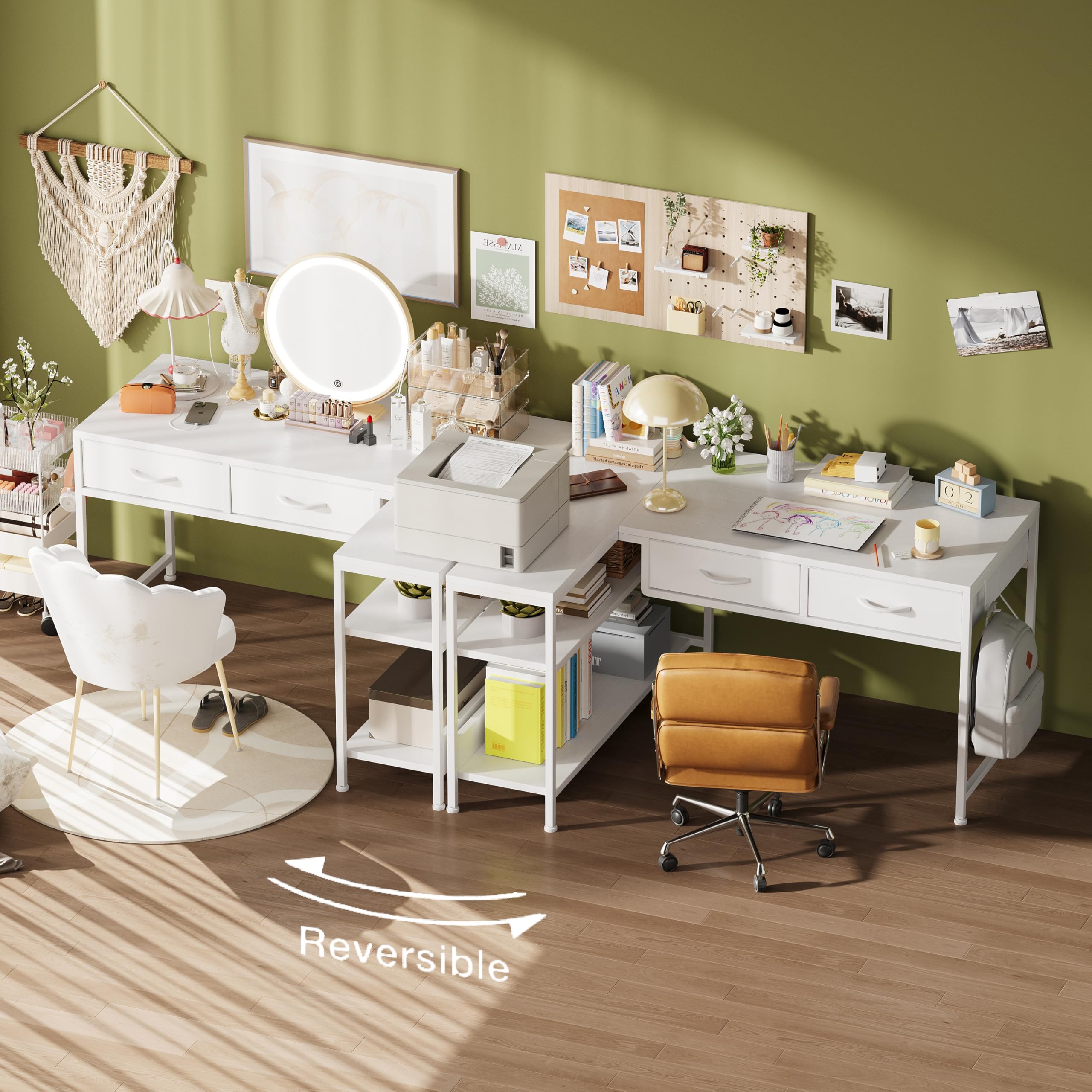 CAIYUN L Shaped Computer Desk with 2 Drawers, 100CM Office Corner Desk with 2 Storage Shelves, Working Table Study Table for Home Office Desk, White