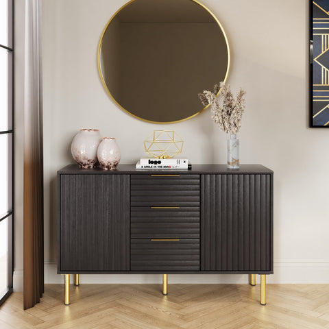 GFW Nervata Sideboard, Black Storage Cabinet with 3 Drawers and 2 Doors, Art Deco Style Sideboard with Gold Accents and Wood Grain Texture for Living
