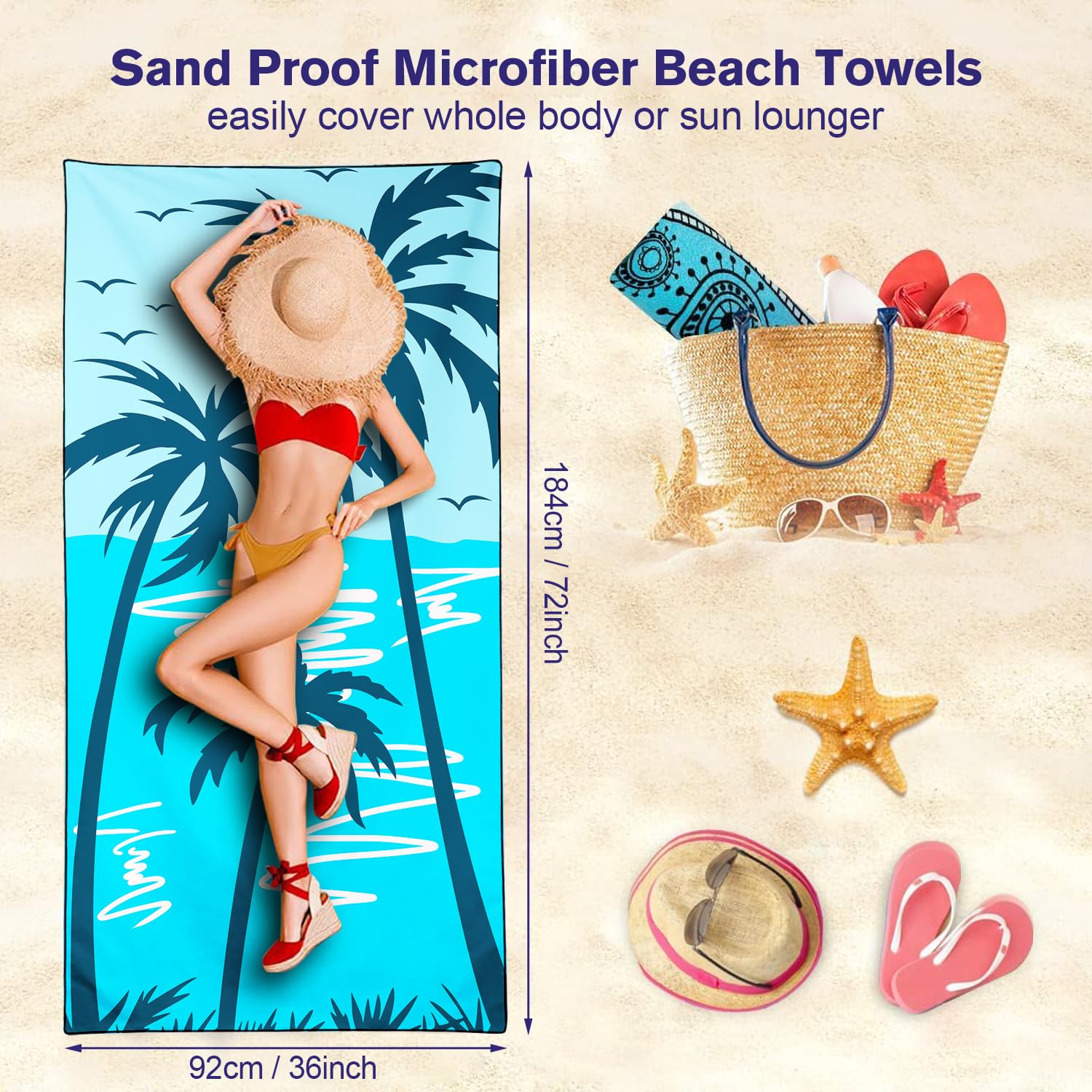 Violetpos Blue Palm Tree Silhouette Beach Towel, Extra Large 180x90 cm 250GSM Microfibre, Sand Free Quick Dry