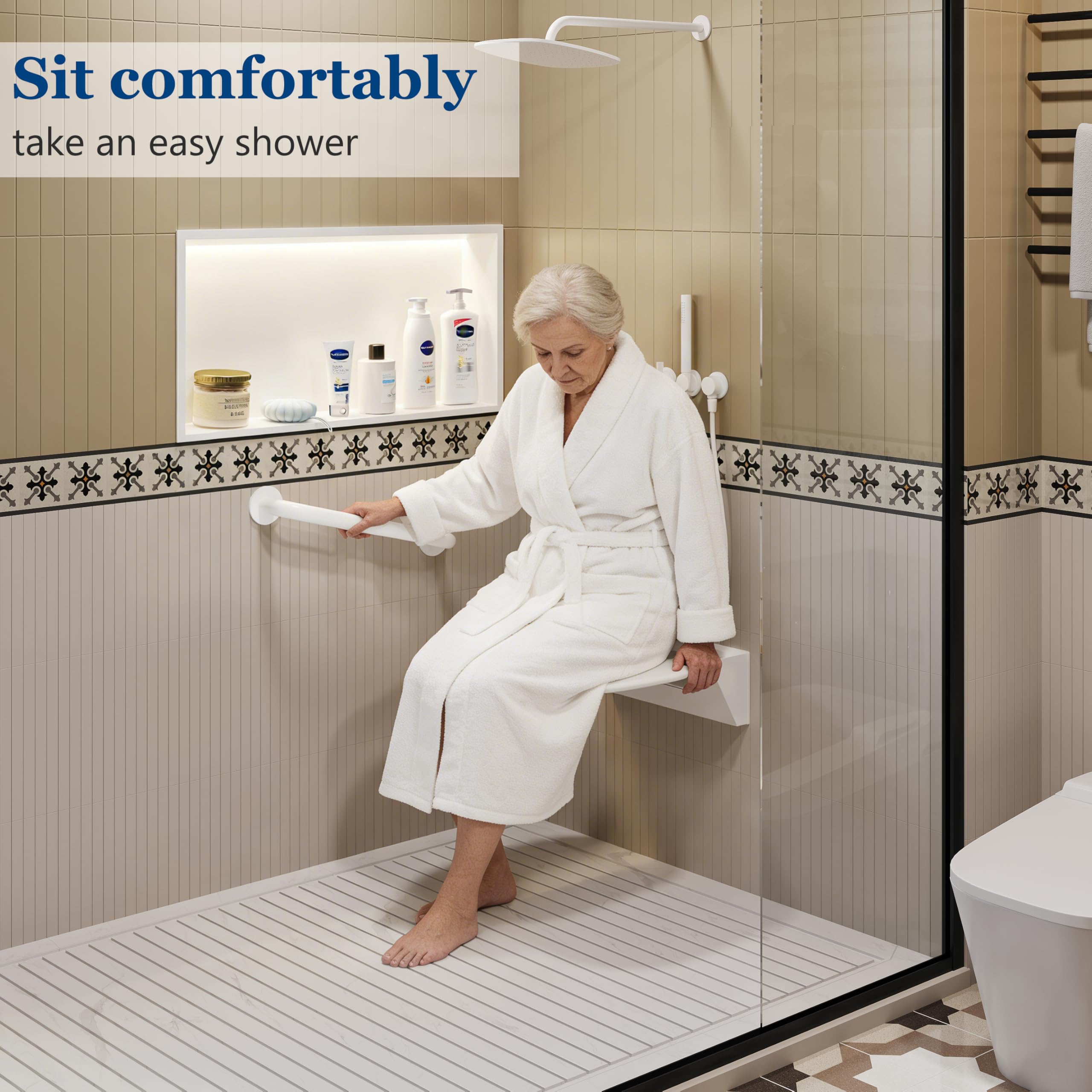 Neohomee Folding Shower Seat Wall Mounted Shower Chair 40x40 cm, Extra-Wide Black Shower Stool for Elderly, 200kg Capacity, Anti-Slip