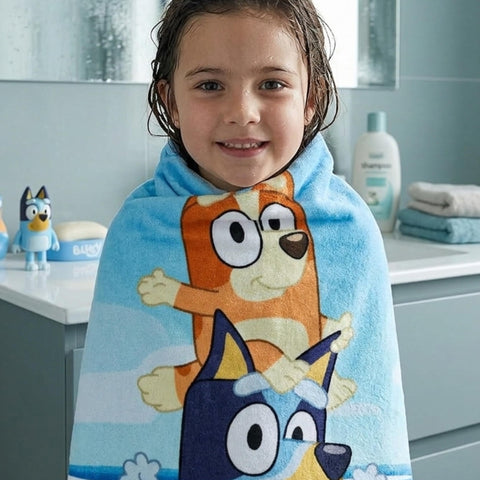BrandMac Bluey & Bingo Beach & Bath Towel 70x140cm, 100% Cotton | Soft & Absorbent Kids Bath & Swim Towel | Official Bluey Towel | Ideal for Beach