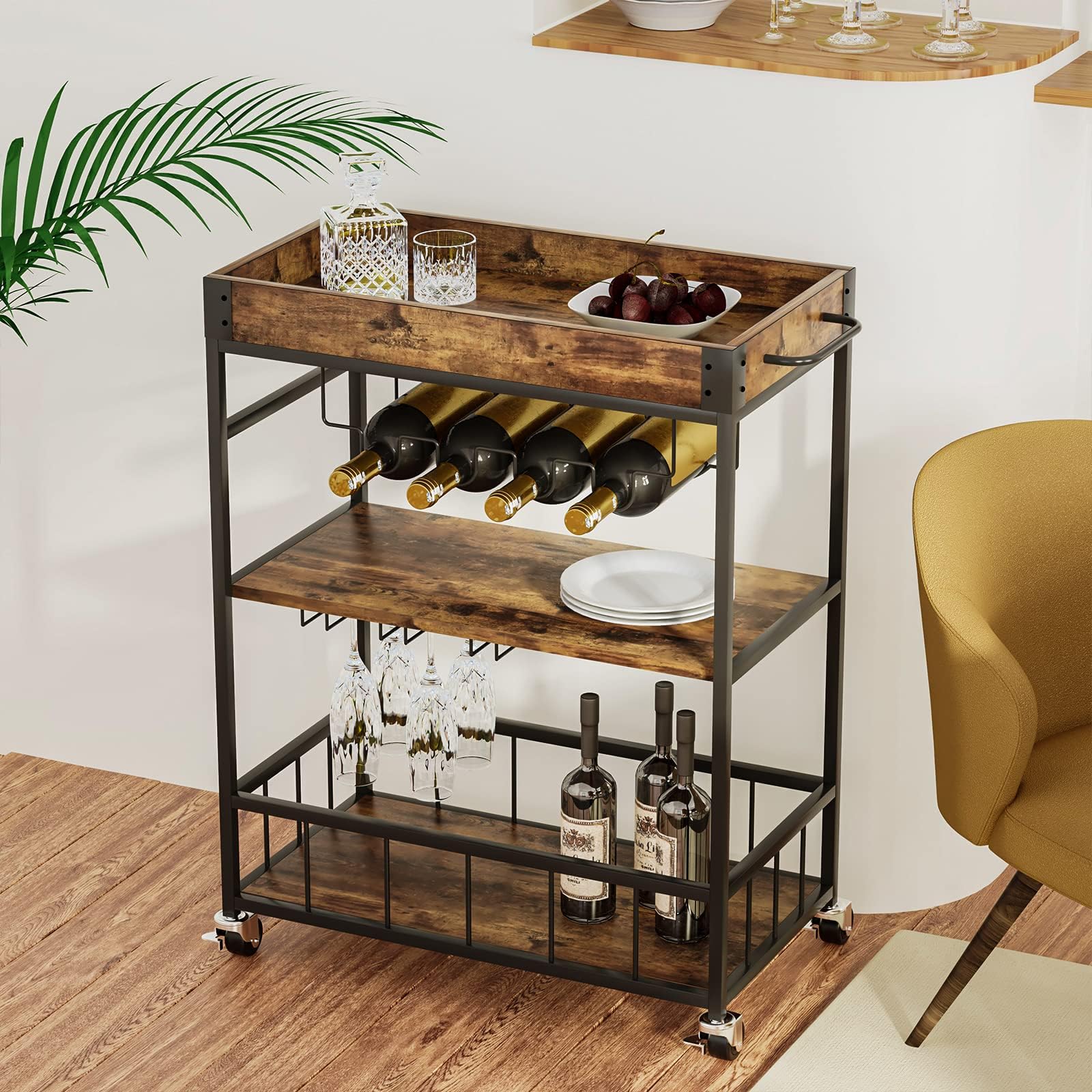 Bar Cart, 3 Tier Serving Trolley, Rolling Wine Trolley, Drinks Trolley