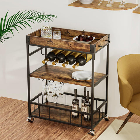 Bar Cart, 3 Tier Serving Trolley, Rolling Wine Trolley, Drinks Trolley