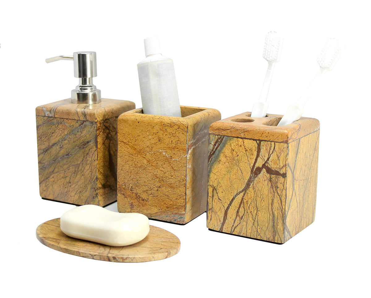 KLEO - Bathroom Accessory Set made from Natural Stone - Bath Accessories set of 4 includes Soap Dispenser, Toothbrush Holder, Tumbler and Soap Dish