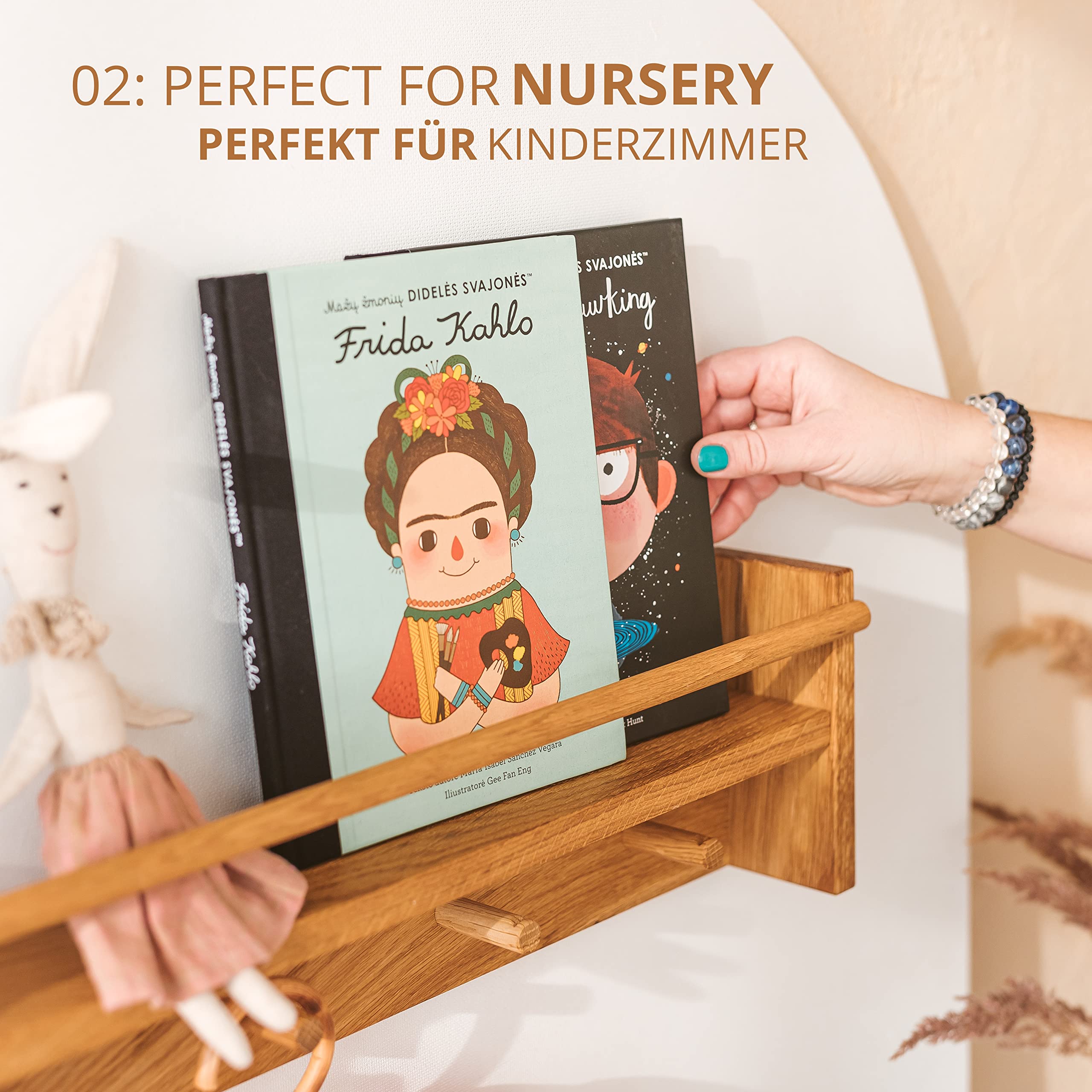 MINICAMP Solid Oak Coat Hooks Wall Mounted - Floating Kids Bookshelf - Coat Rack with Shelf and 4 Pegs - Wooden Children Clothes Rail