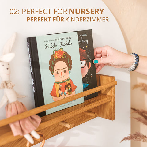 MINICAMP Solid Oak Coat Hooks Wall Mounted - Floating Kids Bookshelf - Coat Rack with Shelf and 4 Pegs - Wooden Children Clothes Rail