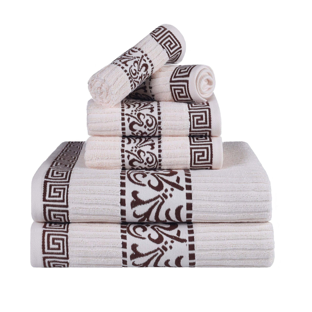 Superior Greek Pattern Decorative 6-Piece Towel Set, Absorbent Premium Cotton, Decor for Bathroom, Spa, Includes 2 Hand, 2 Face, and 2 Bath Towels