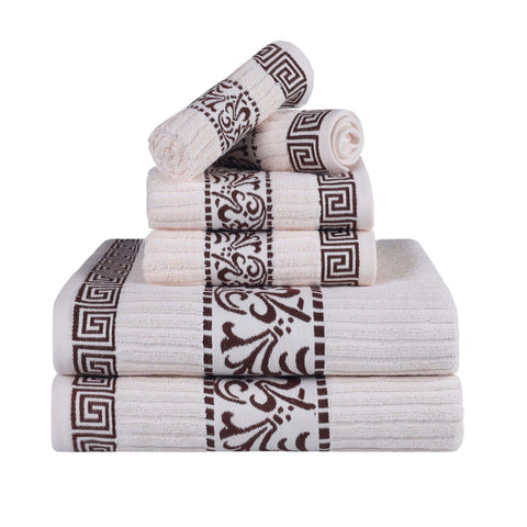 Superior Greek Pattern Decorative 6-Piece Towel Set, Absorbent Premium Cotton, Decor for Bathroom, Spa, Includes 2 Hand, 2 Face, and 2 Bath Towels
