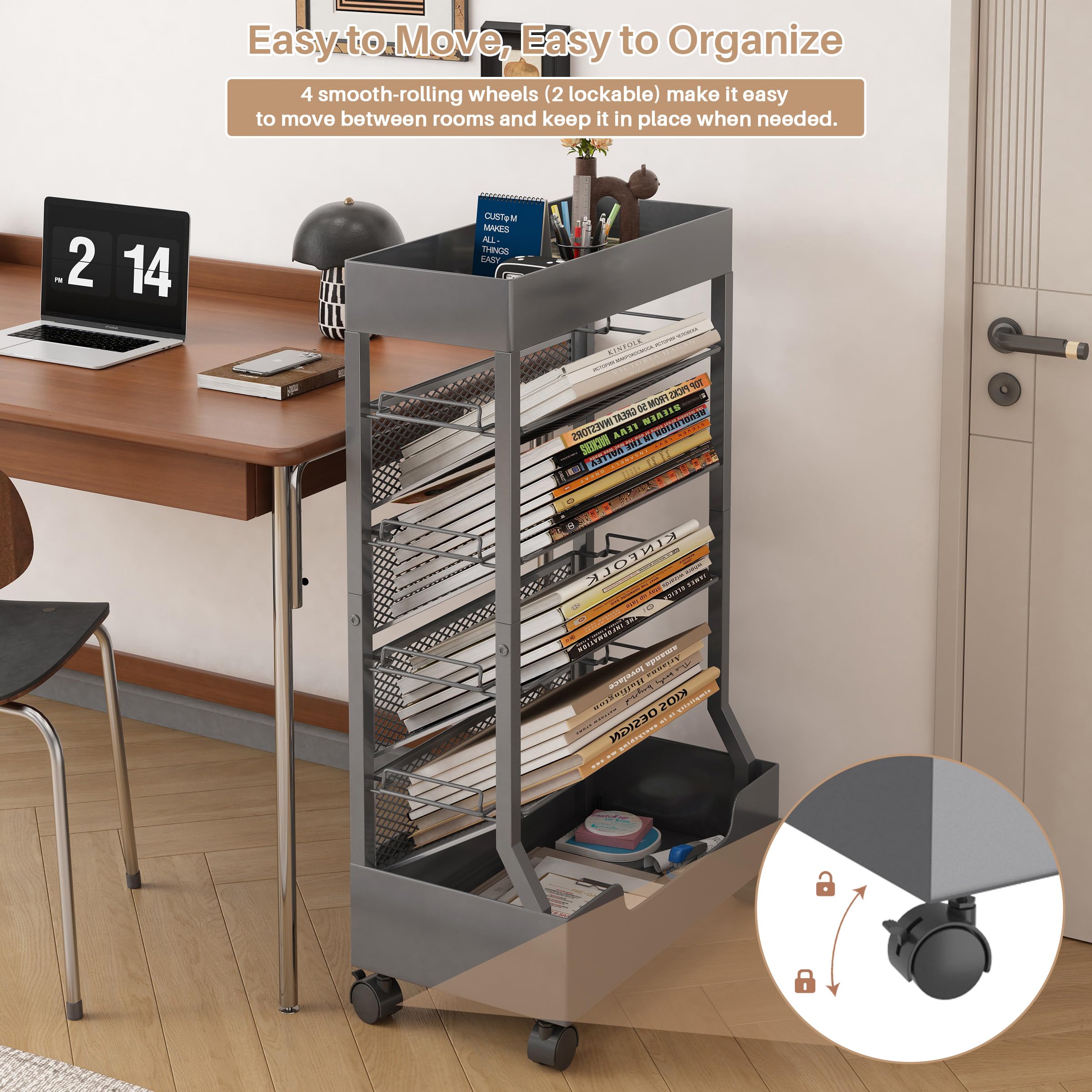 Ornestia Metal Book Trolley, Mobile Storage Bookcase with Wheels(Grey)