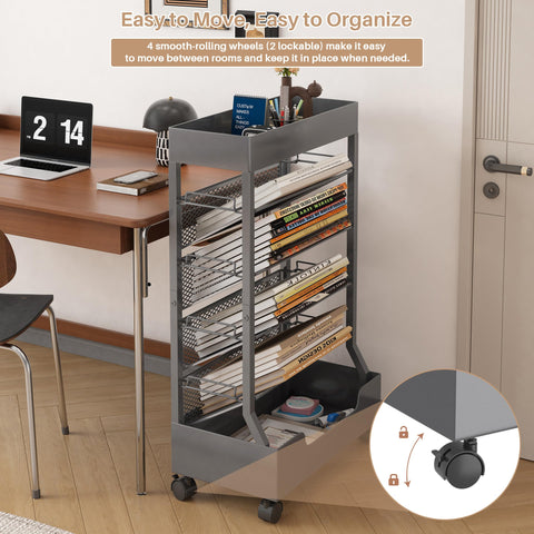 Ornestia Metal Book Trolley, Mobile Storage Bookcase with Wheels(Grey)
