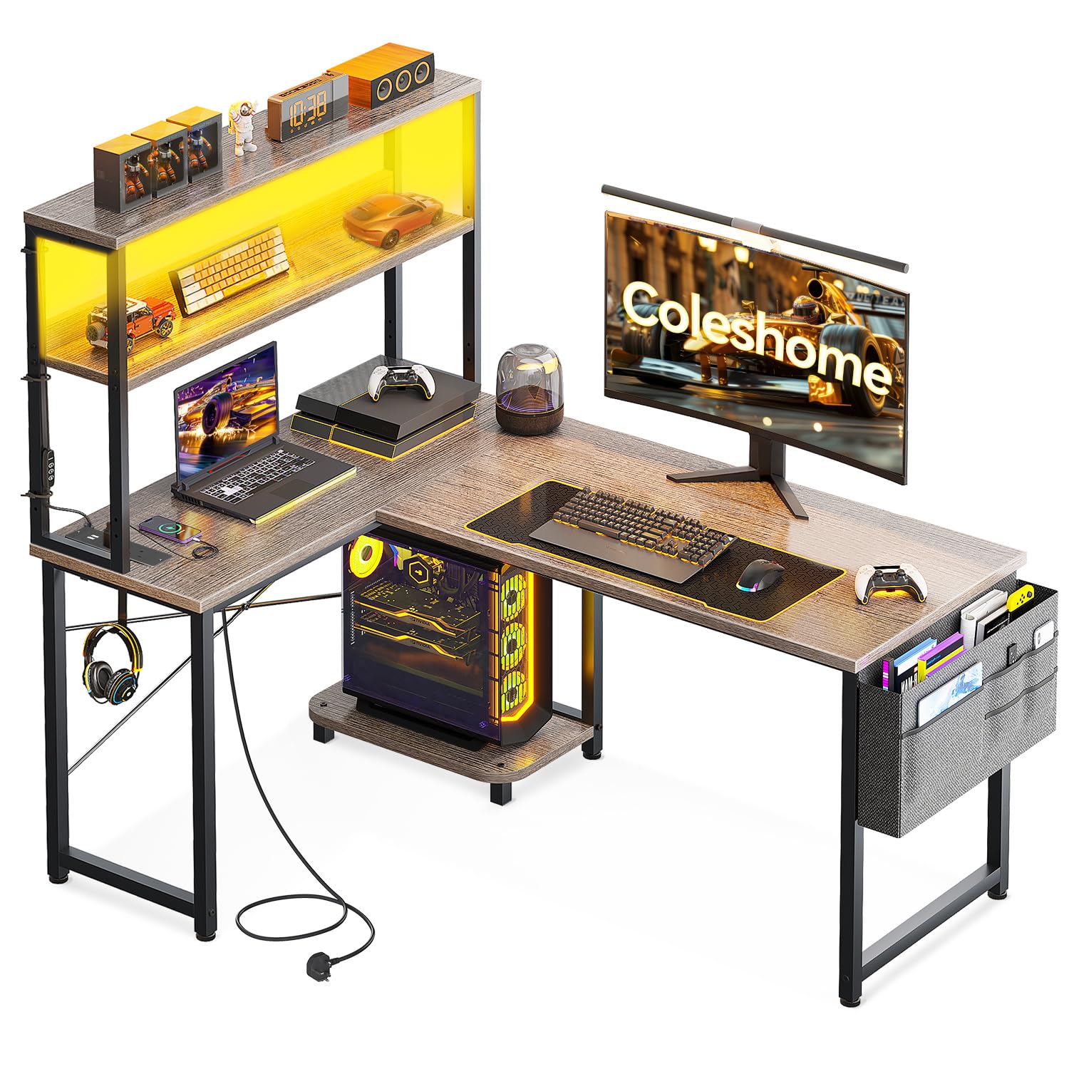 Coleshome L Shaped Gaming Desk with LED Lights & Power Outlet, Grey