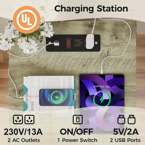 SUNVIVI Bedside Table with Charging Station, 2 AC Outlets & 2 USB Ports, Farmhouse Side Table with X-Design Storage Shelf