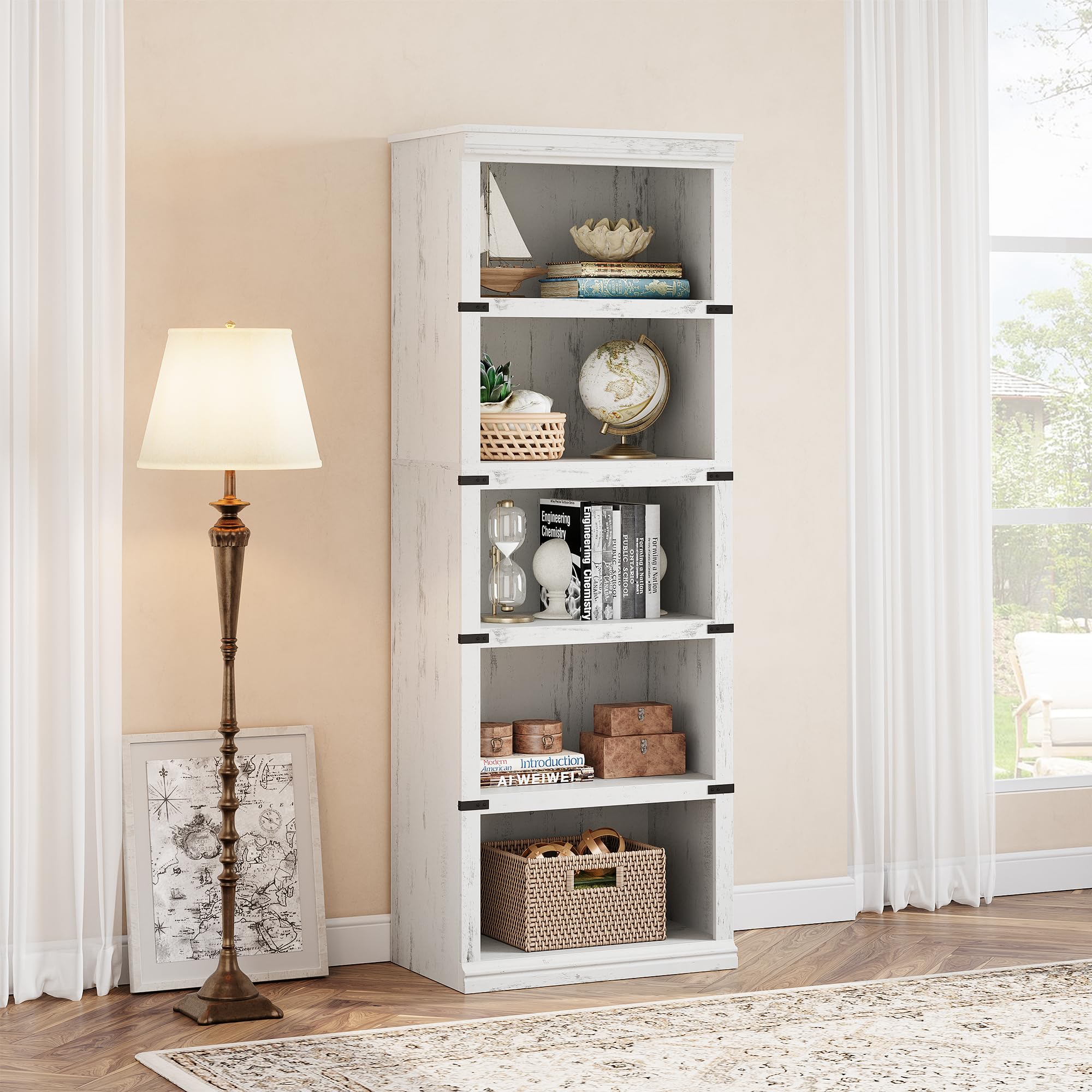 5 Tier Bookcase, Farmhouse Book Shelf with Storage Open Display Bookshelves, Book Case Wooden 5 Shelf Bookcase Home Decor Furniture for Home Office