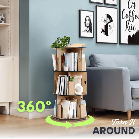 vigowood Corner Shelf Kids Bookshelf, Rotating Book Shelf for Kids Rooms – Space-Saving Wooden Storage Organizer for Books and Toys (Oak, 3 Tier)