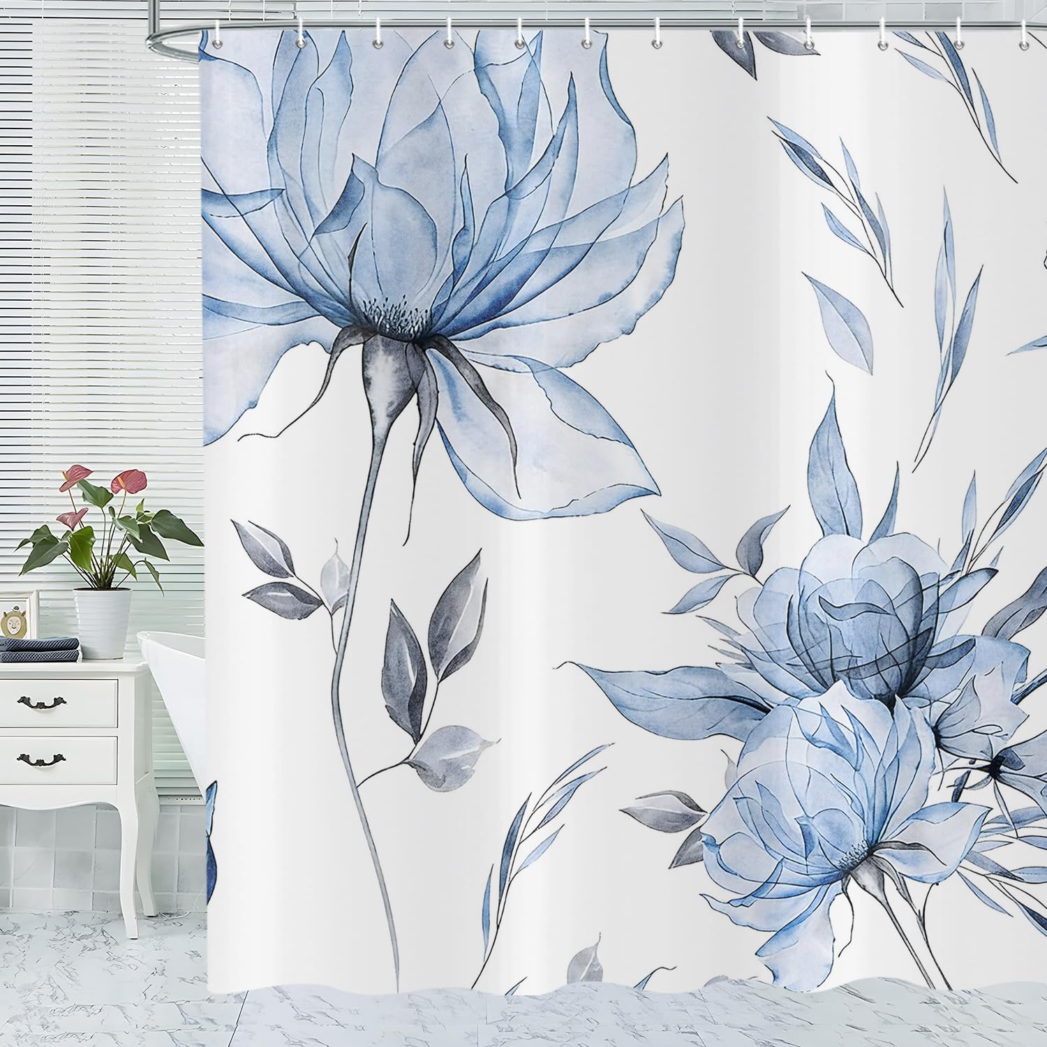 ASDCXZ Watercolor Floral Shower Curtain 180x200 cm, Ink Painting Style Blue Flowers Leaves Spring Plants Waterproof Bath Curtain Polyester Textile