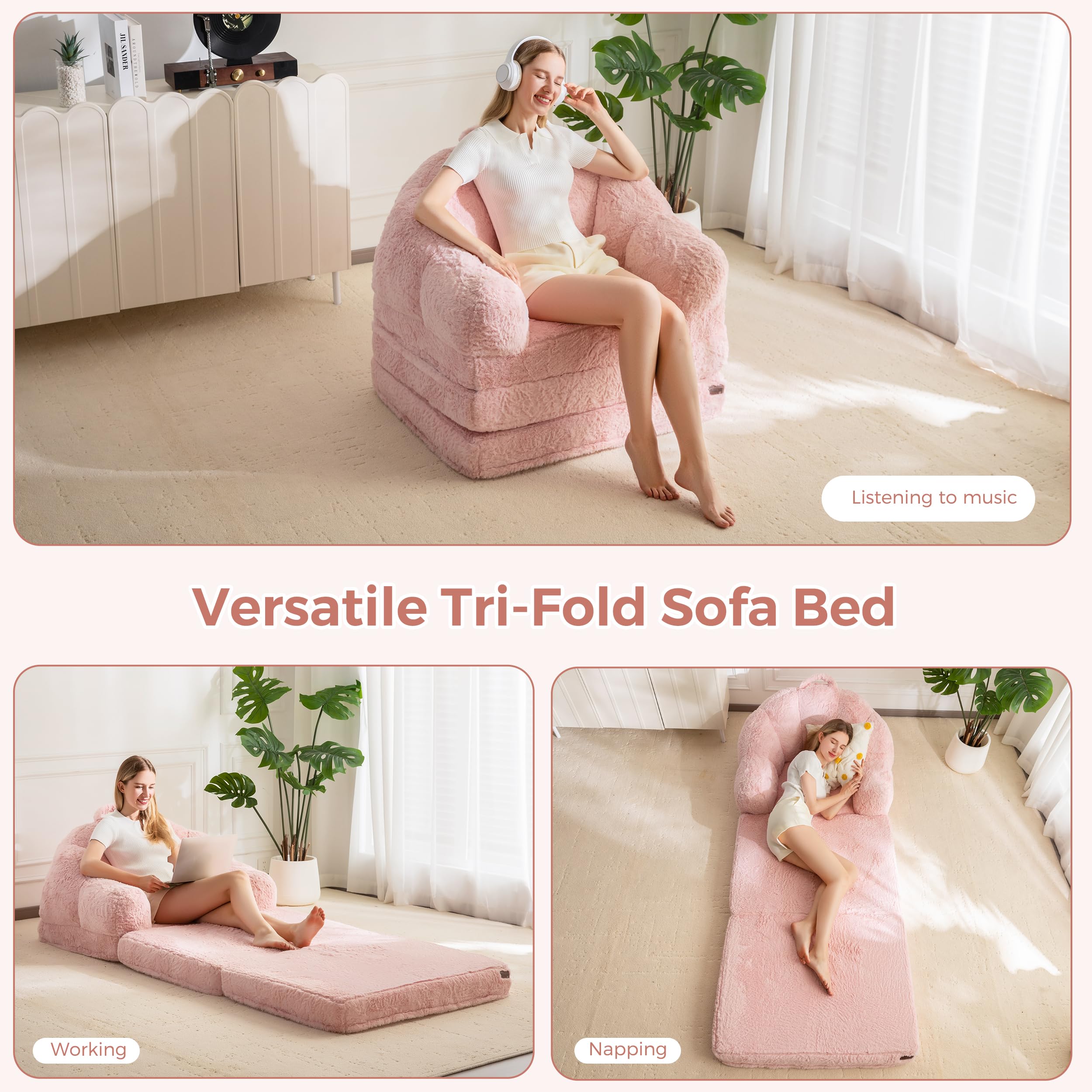 MAXYOYO Single Sofa Bed, Folding Bean Bag Chair, Faux Fur Fabric