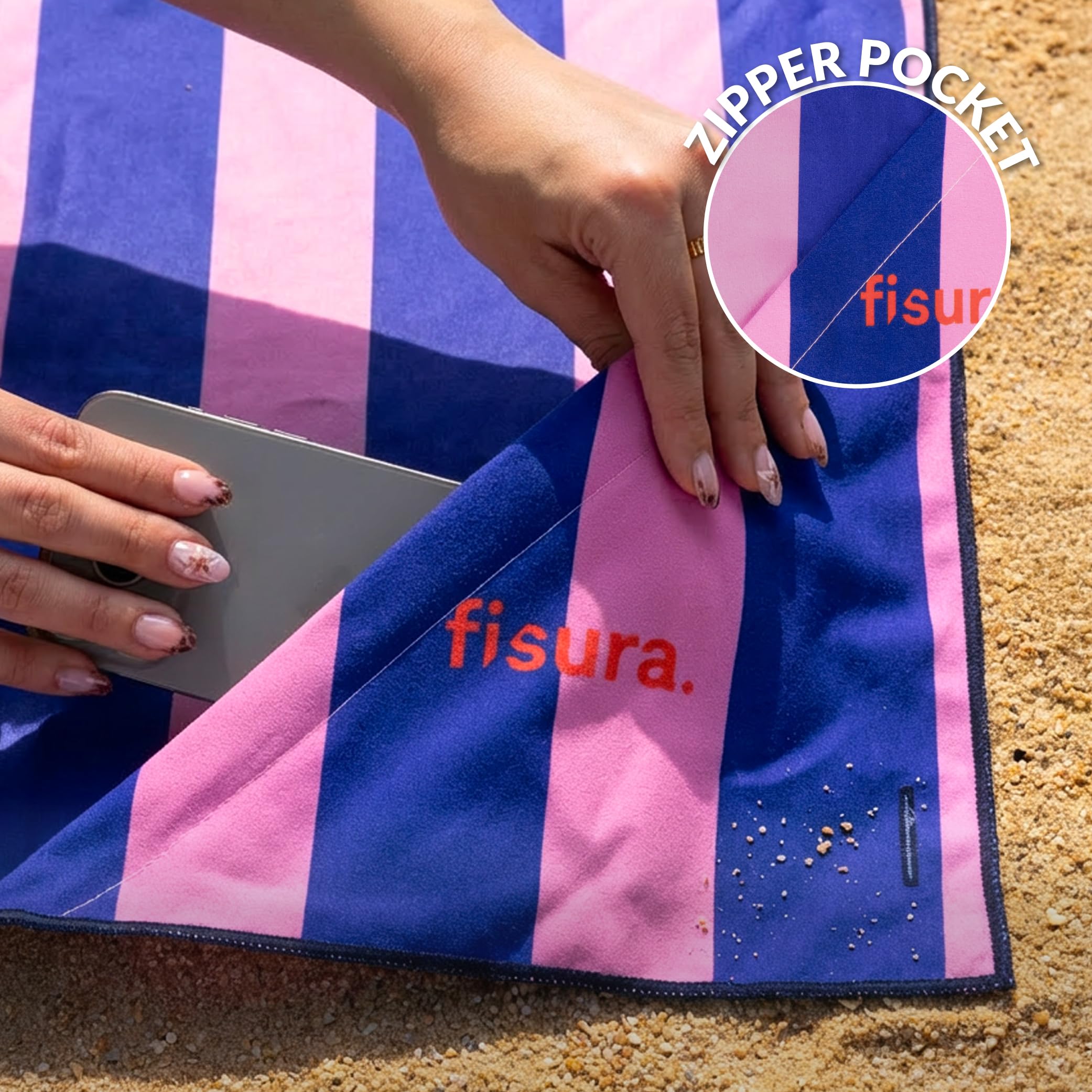 Fisura - Large Microfibre Beach Towel Blue & Pink Striped “Ciao” – Quick Dry, Sand Free & Lightweight – Travel, Pool, Camping & Picnic