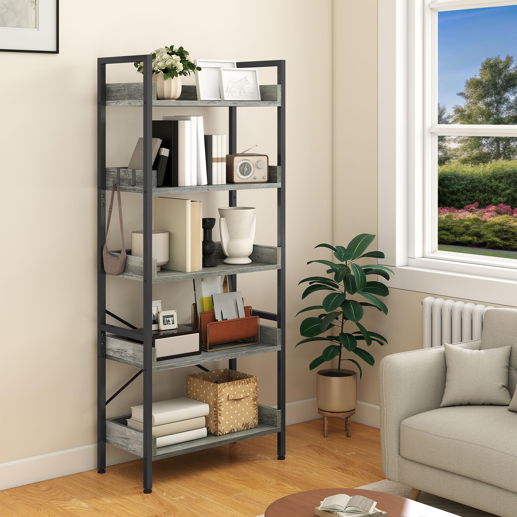 YITAHOME 5 Tier Bookcase, Floorstanding Wooden Shelves with Stable Steel Frame Shelving Unit