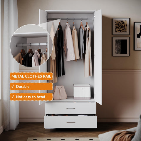 ELEGANT 2 Door Wardrobes with Clothes Hanging Rail and 2 Drawers, White