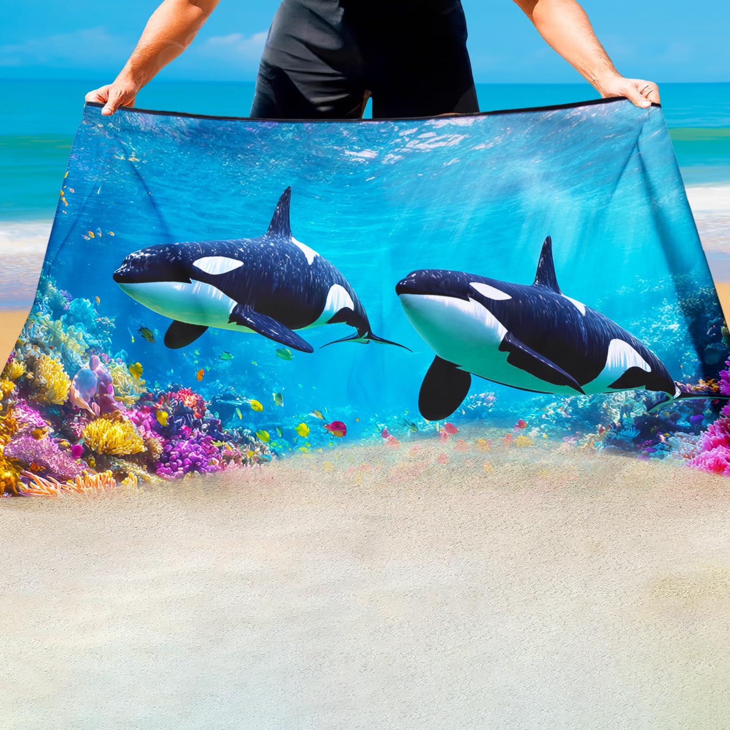Violetpos Orca Coral Reef Beach Towe, Extra Large 180x90 cm 250GSM Microfibre, Sand Free Quick Dry