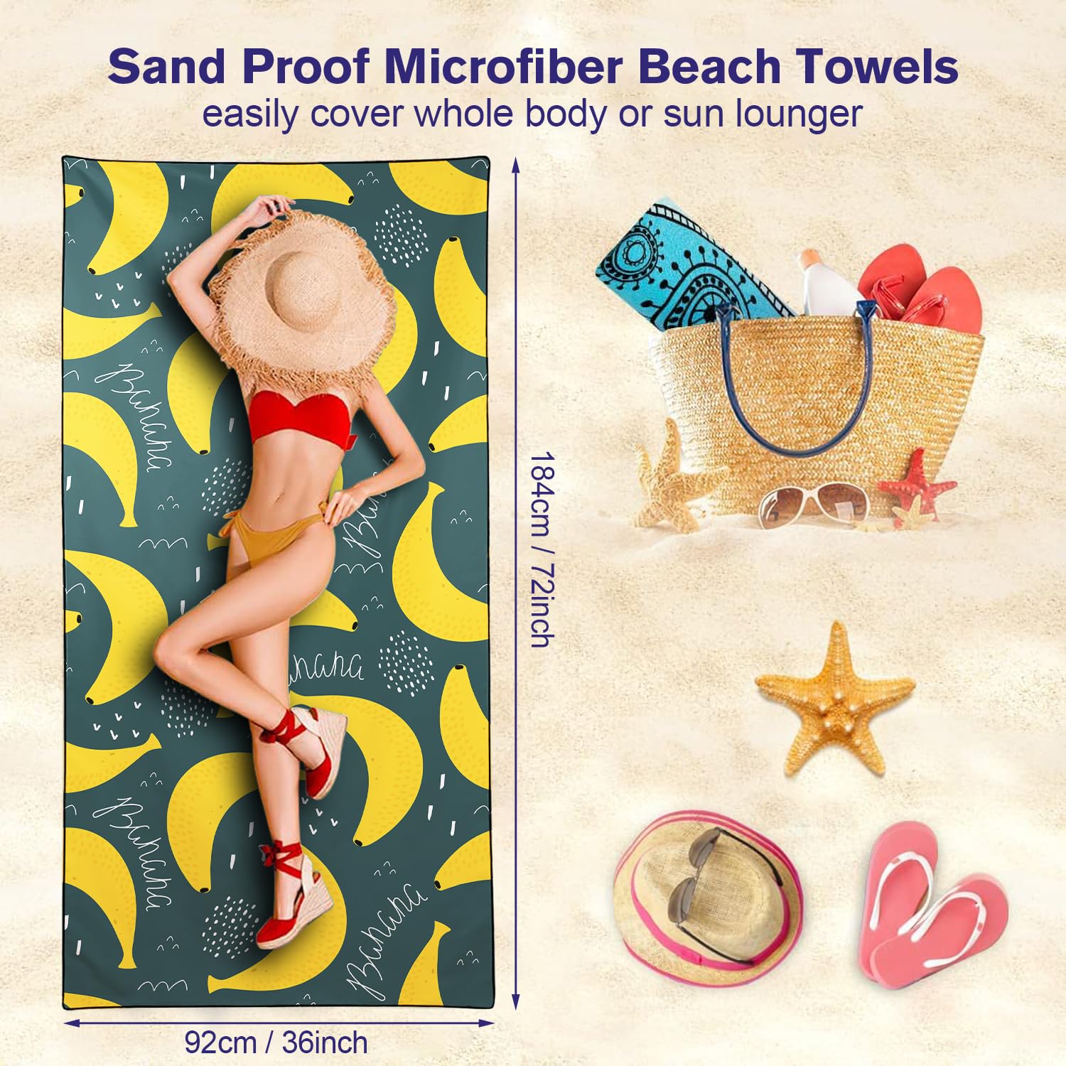 Violetpos Banana Doodle Beach Towel, Extra Large 180x90 cm 250GSM Microfibre, Sand Free Quick Dry
